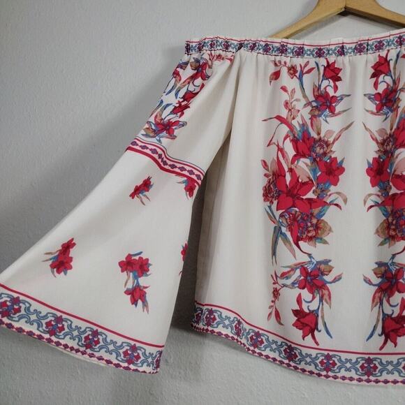 Women's Boho Top Floral Blouse Open Shoulder Bohemian Embroidered Size L - Picture 2 of 8